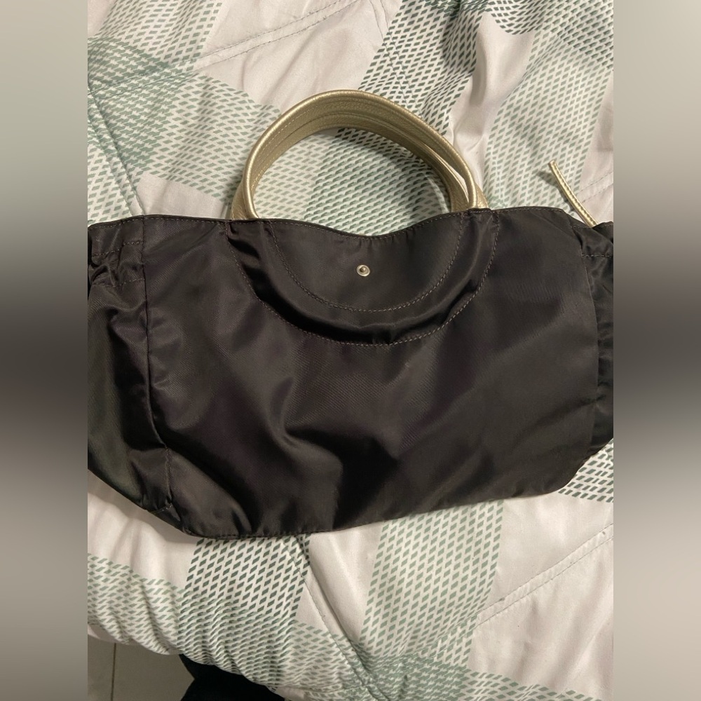 BRONTI BAY PARIS NS-FLO A4 Brown-Gold Leather Trim Nylon Tote Bag MEDIUM